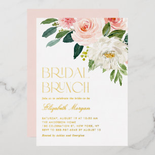 Invitación Con Relieve Metalizado Hermosas Flores Acuarela Jardín Desayuno Nupcial