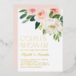 Invitación Con Relieve Metalizado Hermosas Flores Acuarela Jardín Ducha Parejas