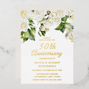 Invitación Con Relieve Metalizado Hermosas Flores Blancas & Oro 50 Aniversario