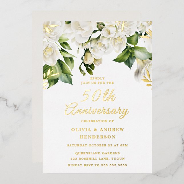 Invitación Con Relieve Metalizado Hermosas Flores Blancas & Oro 50 Aniversario (Anverso/Reverso)
