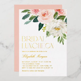 Invitación Con Relieve Metalizado Hermosas Flores de Acuarela Jardín Almuerzo Nupcia