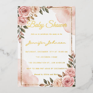 Invitación Con Relieve Metalizado Hermosas Flores de Acuarela para Baby Shower de Ja