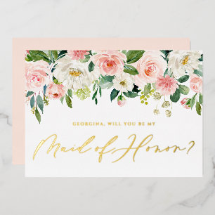 Invitación Con Relieve Metalizado Hermosas Flores Rosadas ¿Serás Mi Dama de Honor