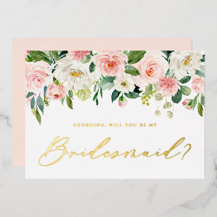 Invitación Con Relieve Metalizado Hermosas Flores Rosadas ¿Serás Mi Dama de Honor