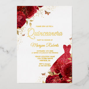 Invitación Con Relieve Metalizado Hermosas rosas rojas y Relieve metalizado dorado d