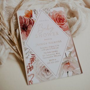 Invitación Con Relieve Metalizado Hermoso Baby Shower Floral de Otoño y Rosa Dorado