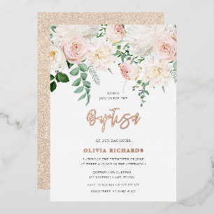 Invitación Con Relieve Metalizado Hermoso Bautizo de Niña Niño con Rosa y Dorado Ros