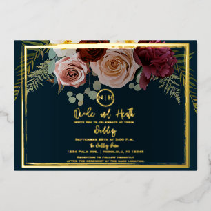 Invitación Con Relieve Metalizado Hermoso Boda de la Marina Floral Rosa de Borgoña e