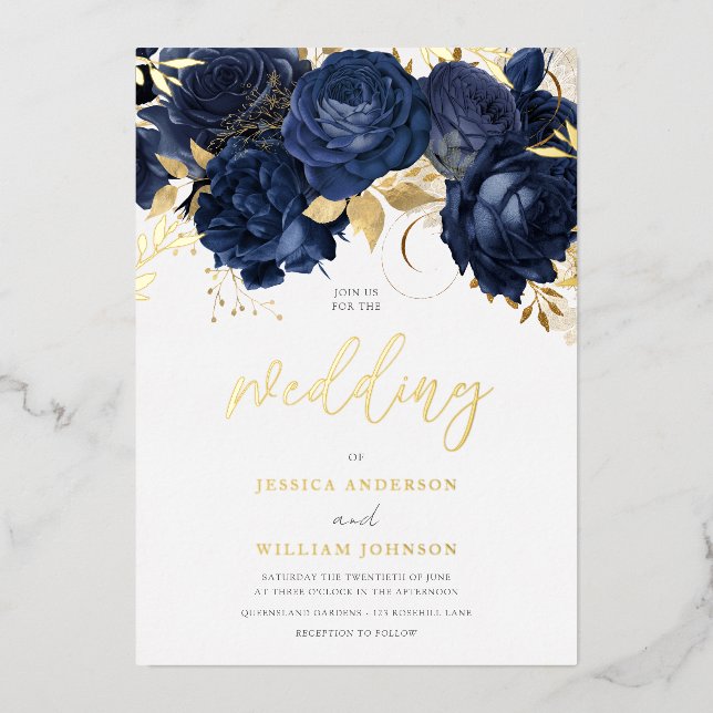 Invitación Con Relieve Metalizado Hermoso Boda de la Marina: Floral y oro (Anverso)