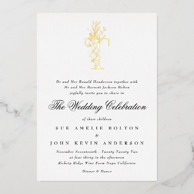 Invitación Con Relieve Metalizado Hermoso Boda de Monograma de ORO Floral (Anverso)