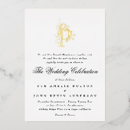 Invitación Con Relieve Metalizado Hermoso Boda de Monograma de ORO Floral