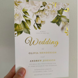 Invitación Con Relieve Metalizado Hermoso Boda floral blanco Golden