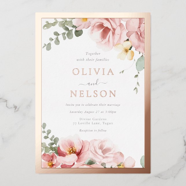 Invitación Con Relieve Metalizado Hermoso Boda floral de Rubor Dusty Rosa Gold (Anverso)