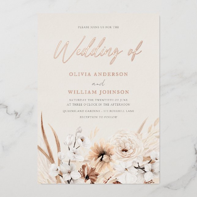 Invitación Con Relieve Metalizado Hermoso Boho Beige Boda floral Rosa oro (Anverso)