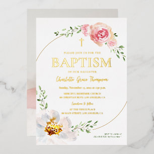 Invitación Con Relieve Metalizado Hermoso Floral Corona Cruz Dorada Bautizo Foto Hol