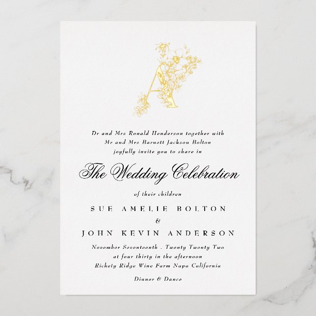 Invitación Con Relieve Metalizado Hermoso Monograma de ORO floral Boda esbozado (Anverso)