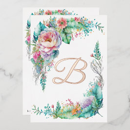 Invitación Con Relieve Metalizado Hermoso Monograma Floral Botánico de Rosa
