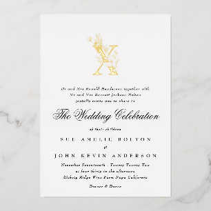 Invitación Con Relieve Metalizado Hermoso Monograma Floral Elegante de BODAS en Oro