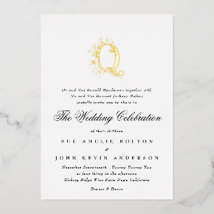 Invitación Con Relieve Metalizado Hermoso Monograma Floral Elegante de BODAS en Oro