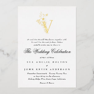 Invitación Con Relieve Metalizado Hermoso Monograma Floral Elegante de BODAS en Oro