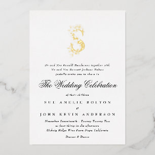 Invitación Con Relieve Metalizado Hermoso Monograma Floral Elegante de BODAS en Oro