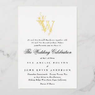 Invitación Con Relieve Metalizado Hermoso Monograma Floral en Oro Dibujado a Mano