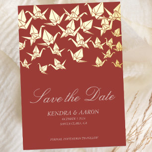 Invitación Con Relieve Metalizado Hermoso Papel de Origami Rojo Grulla Save The Date