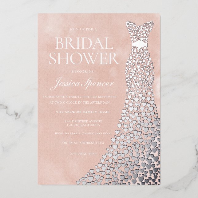 Invitación Con Relieve Metalizado Hermoso Rubor Silver Heart Vestido Bridal Shower (Anverso)