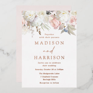 Invitación Con Relieve Metalizado Hermoso Rubor y Boda Floral Blanco Rosa Gold