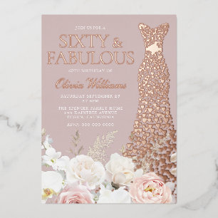 Invitación Con Relieve Metalizado Hermoso vestido rosa dorado rosa para 60 cumpleaño