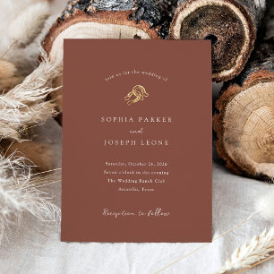 Invitación Con Relieve Metalizado Herradura minimalista marrón Boda rústica dorada