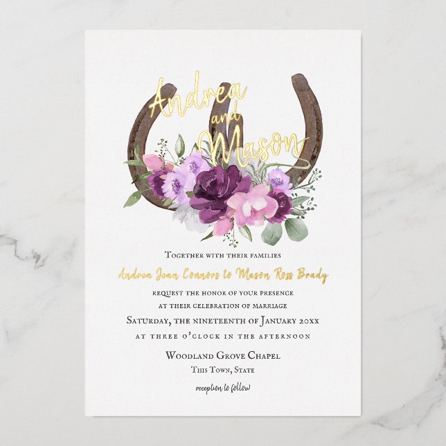 Invitación Con Relieve Metalizado Herraduras y Boda morado floral (Anverso)