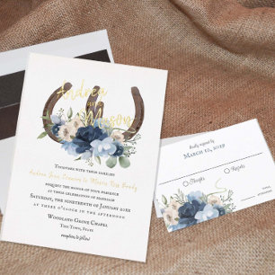 Invitación Con Relieve Metalizado Herraduras y Floral Azul Polvoriento
