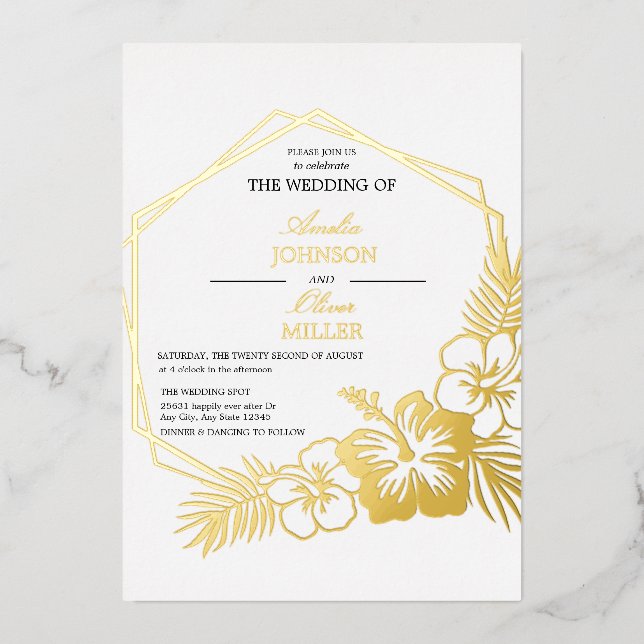 Invitación Con Relieve Metalizado Hibiscus Floral Hexagon Frame Boda Gold (Anverso)