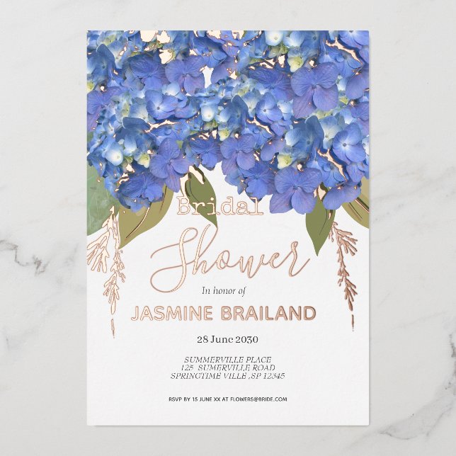 Invitación Con Relieve Metalizado Hidrangea azul florece ducha de novia personalizad (Anverso)
