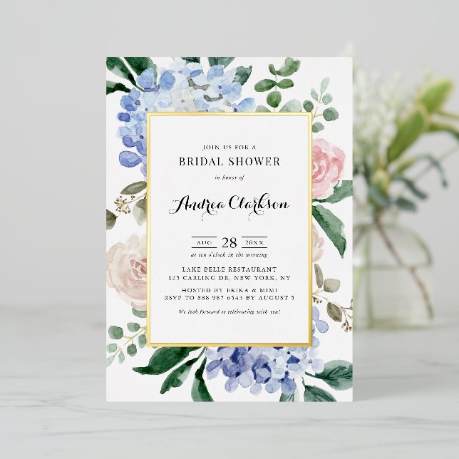 Invitación Con Relieve Metalizado Hidrangeas azules y rosas rosadas duchas de novias (Anverso de pie)