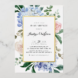 Invitación Con Relieve Metalizado Hidrangeas azules y rosas rosas rosadas Brunch beb