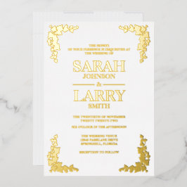 Invitación Con Relieve Metalizado Hiedra Elegante Boda Tradicional Dorada