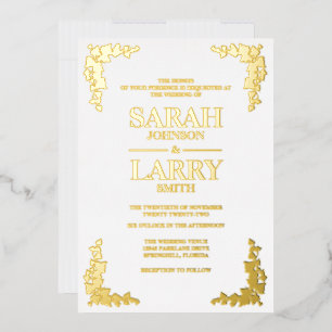 Invitación Con Relieve Metalizado Hiedra Elegante Boda Tradicional Dorada