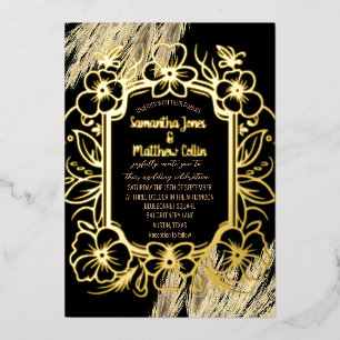 Invitación Con Relieve Metalizado Hierba de Pampas Floral Negro Boho Bodas con Hoja