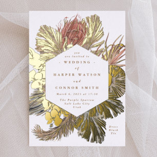 Invitación Con Relieve Metalizado Hierba de Pampas Floral Real Oro Desierto Boda