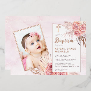 Invitación Con Relieve Metalizado Hierba de Pampas   Niña bebé de flor de rosa flore