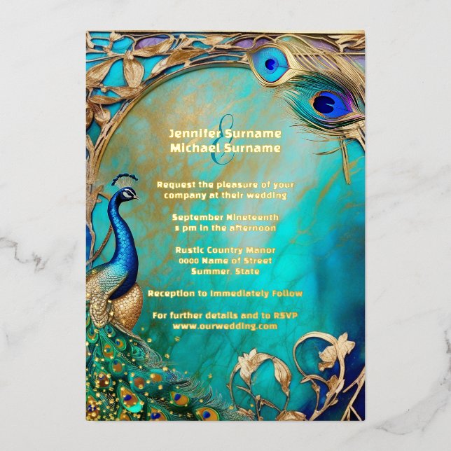 Invitación Con Relieve Metalizado Hiridiscent Peacock plumas arte nuevo lujo (Anverso)