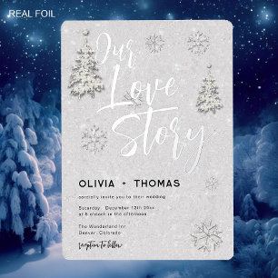 Invitación Con Relieve Metalizado Historia de Amor Invierno Paisaje Mágico Copos de 