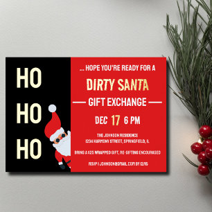 Invitación Con Relieve Metalizado HO HO HO Fiesta de Navidad Dirty Santa Negra y Roj