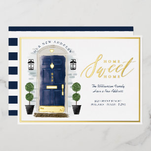 Invitación Con Relieve Metalizado Hogar dulce - Hemos movido la puerta color azul