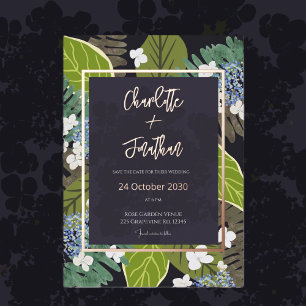 Invitación Con Relieve Metalizado Hoja Botánica y Pétalos de Hortensia Save The Date