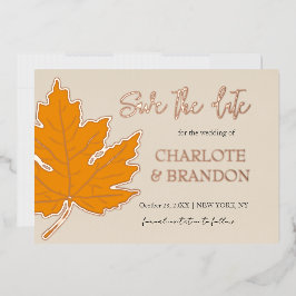 Invitación Con Relieve Metalizado Hoja de Arce Amarillo de Otoño Boda Guardar la Fec