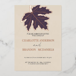 Invitación Con Relieve Metalizado Hoja de arce de otoño púrpura Rosa de oro de boda 