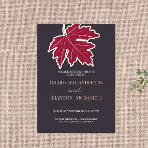 Invitación Con Relieve Metalizado Hoja de Arce de Otoño Rojo Boda Dorada